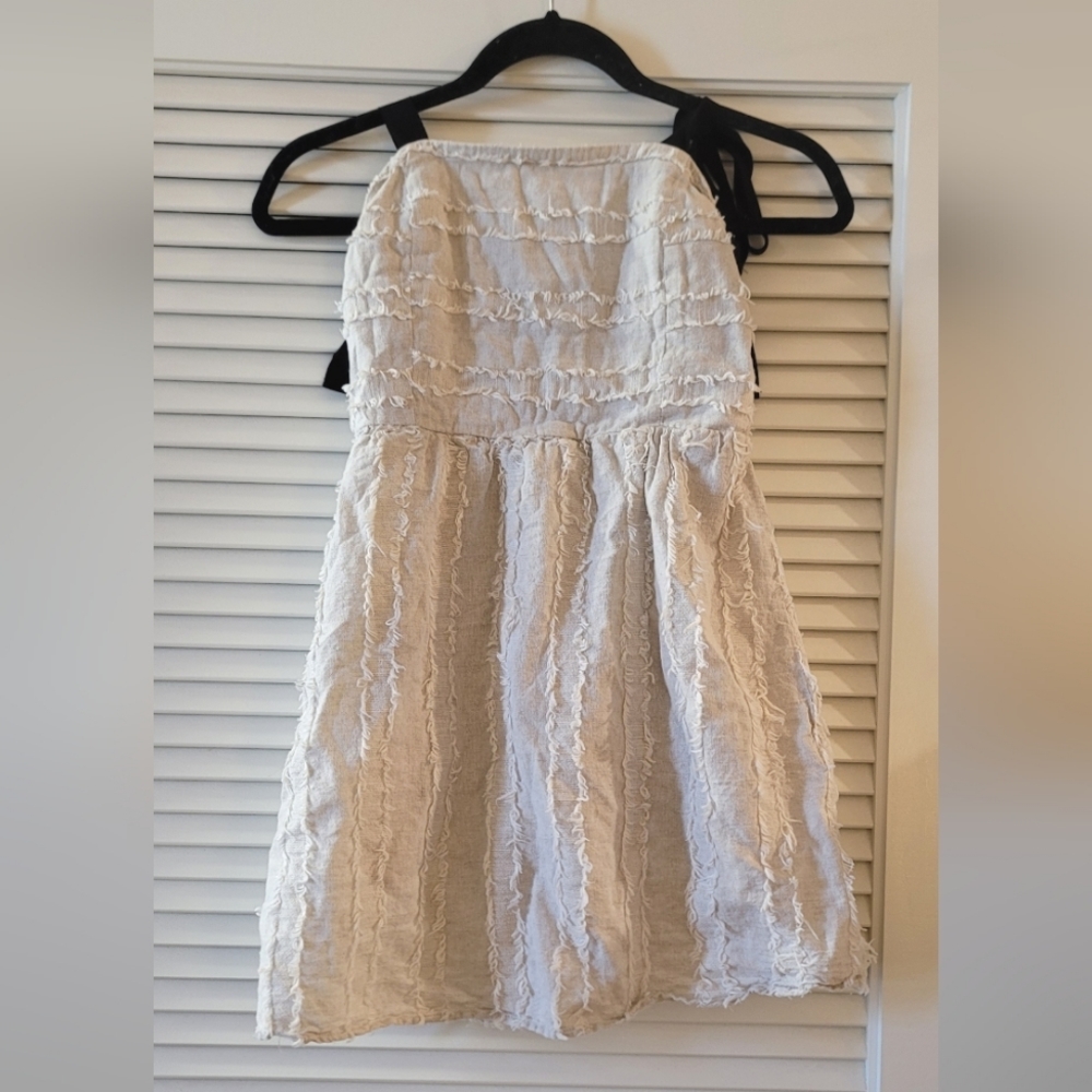 Fab'rik - Off-White Linen Fringe and Black Mini Dress With Black Ribbon Straps